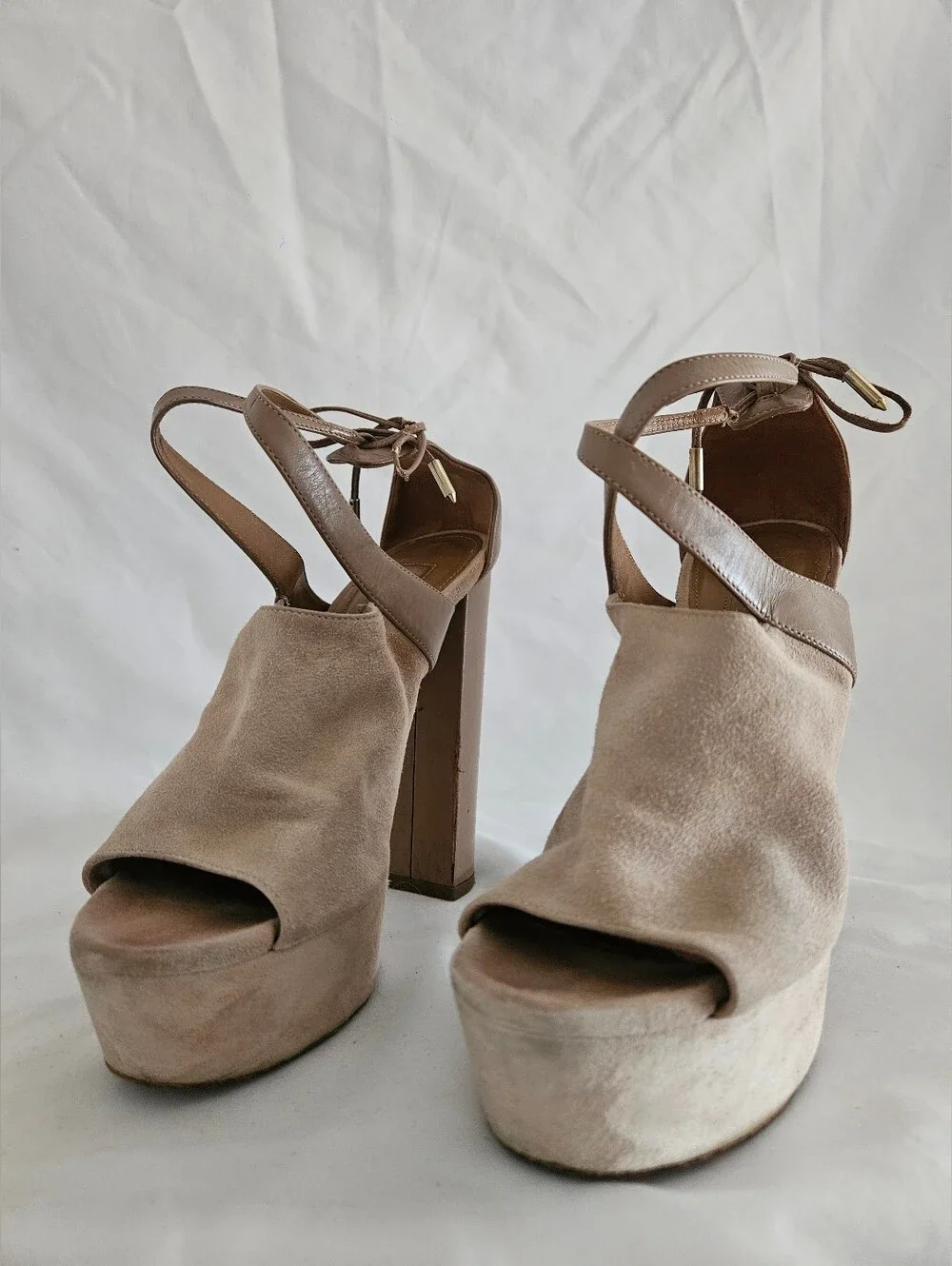 Aquazzura Beige Taupe Suede Platform Peep-Toe Heels